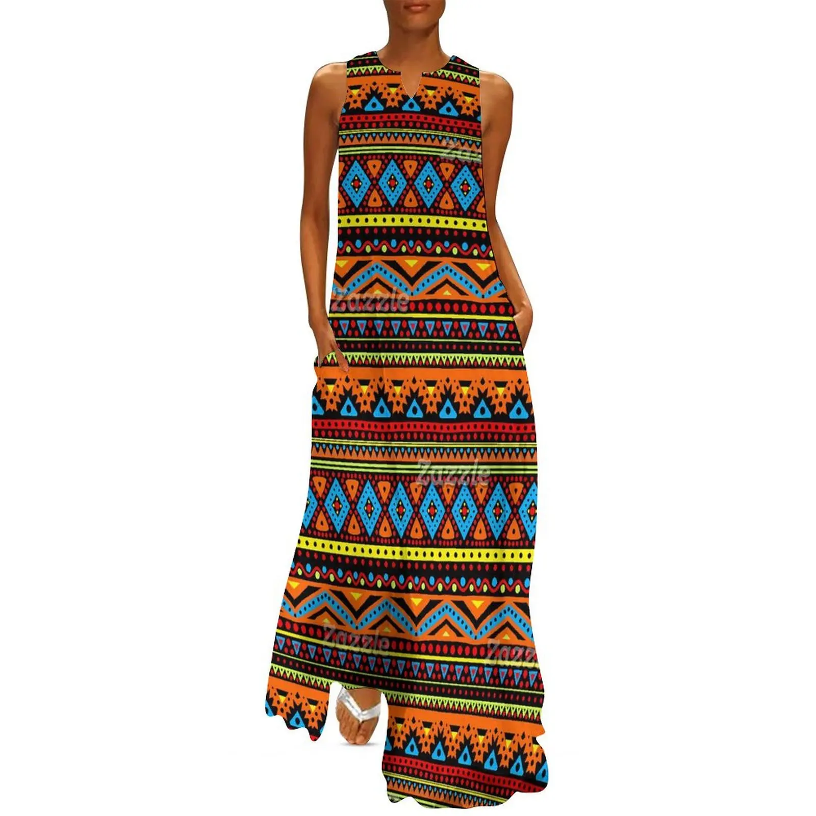 Ethnic Boho Fashion - Vintage Etnik Uzun Elbise Kırmızı Turuncu