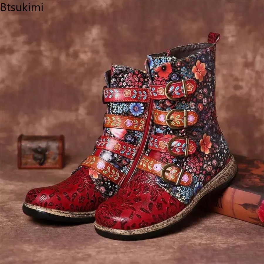 Winter Ethnic Fashion For Women - Etnik Tarz Kadın Baskılı Deri Botlar,
